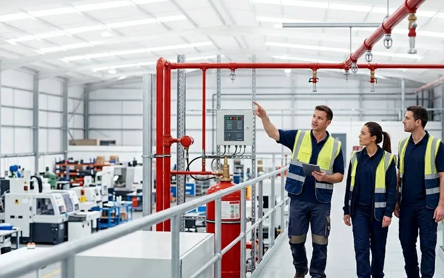 High-pressure water mist fire suppression in a commercial facility